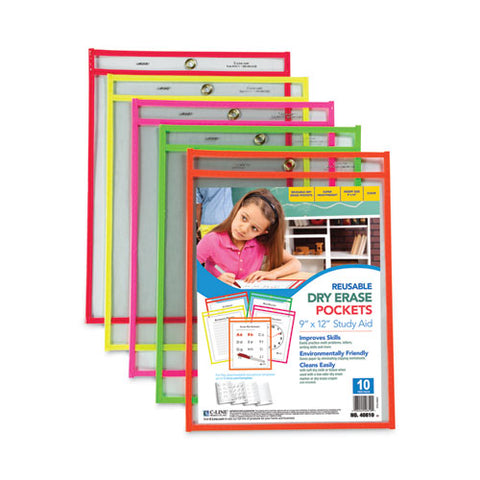 Reusable Dry Erase Pockets, 9 X 12, Assorted Neon Colors, 10/pack