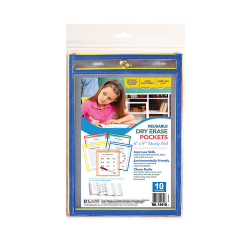 Reusable Dry Erase Pockets, 6 X 9, Assorted Primary Colors, 10/pack