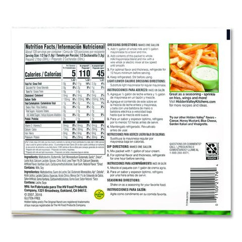 The Original Ranch Dry Mix, Milk Recipe, 8 Oz Packet, 12/carton