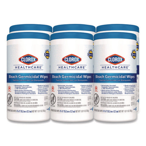 Bleach Germicidal Wipes, 1-ply, 6 X 5, Unscented, White, 150/canister, 6 Canisters/carton