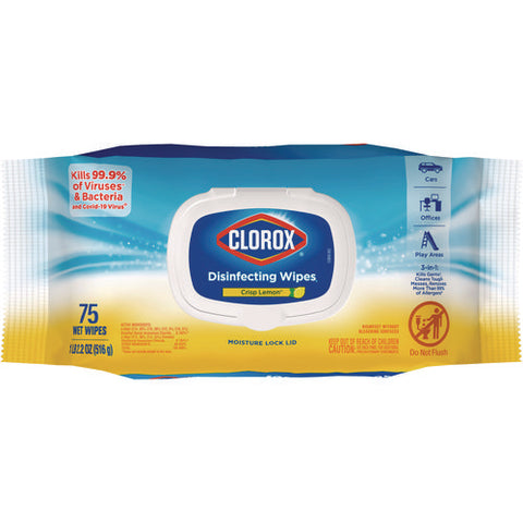 Disinfecting Cleaning Wipes, Flex Pack, 1-ply, 8 X 7, Lemon Scent, White, 75 Towels/box