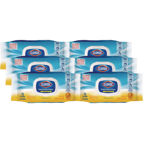 Disinfecting Wipes, Easy Pull Pack, 1-ply, 8 X 7, Lemon Scent, White, 75 Towels/box, 6 Boxes/carton