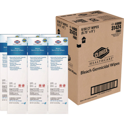 Bleach Germicidal Wipes, 1-ply, 6.75 X 9, Unscented, White, 50/box, 6 Boxes/carton