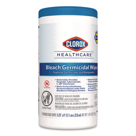 Bleach Germicidal Wipes, 1-ply, 6.75 X 9, Unscented, White, 70/canister, 6 Canisters/carton