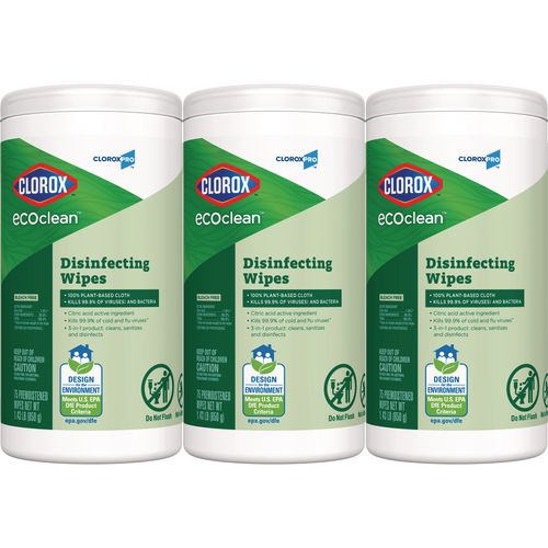 Cloroxpro Ecoclean Disinfecting Wipes, 1-ply, 7 X 8, Unscented, White, 3/carton