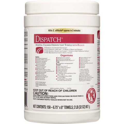 Dispatch Hospital Cleaner Disinfectant Towels With Bleach, 1-ply, 6.75 X 8, Unscented, White, 150/canister