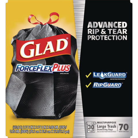 Forceflexplus Drawstring Large Trash Bags, 30 Gal, 1.05 Mil, 30" X 32", Black, 70/box