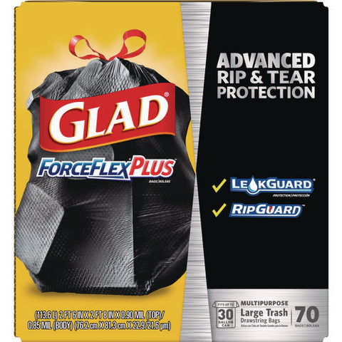 Forceflexplus Drawstring Large Trash Bags, 30 Gal, 1.05 Mil, 30" X 32", Black, 70/box