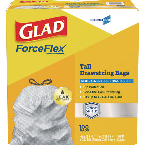 Cloroxpro Forceflex Tall Kitchen Drawstring Trash Bags, 13 Gal, 23.75 X 24.88, Gray, 100/box