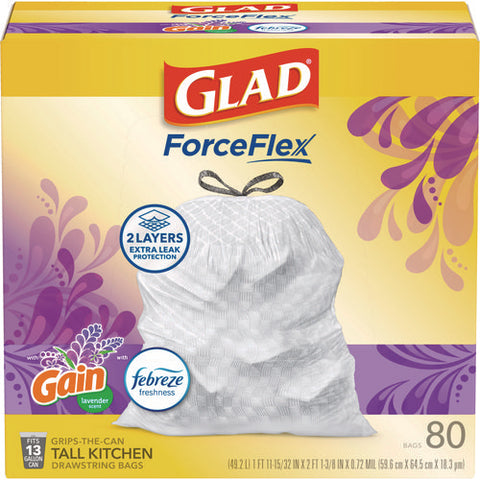 Forceflex Kitchen Drawstring Trash Bags, 13 Gal, Lavender Breeze Scent, 24" X 27.38", White, 80/box