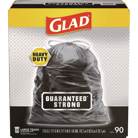 Guaranteed Strong Large Drawstring Trash Bags, Three-ply, 30 Gal, 1.05 Mil, 30" X 33", Black, 90/carton