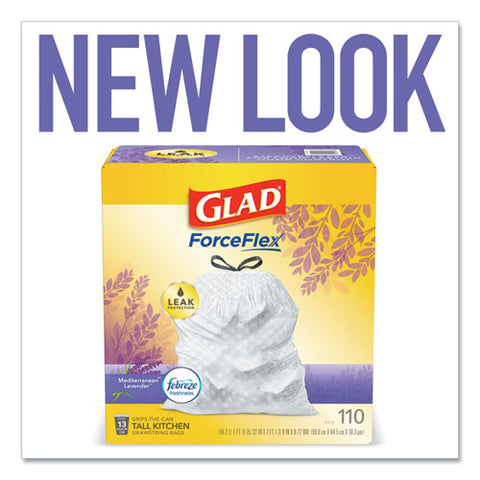 Glad Odorshield With Febreze, Drawstring, 13 Gal, Mediterranean Lavender Scent, 10.18" X 9.81", White, 110/box