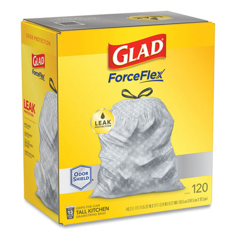 Forceflex Kitchen Drawstring Trash Bags, 13 Gal, 23.75" X 25.4", White, 120/box