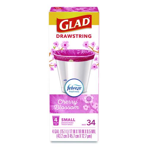 Odorshield Small Drawstring Trash Bags, 4 Gal, Cherry Blossom Scent, 0.5 Mil, 18" X 17", Pink, 34/box