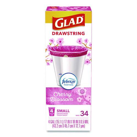 Odorshield Small Drawstring Trash Bags, 4 Gal, Cherry Blossom Scent, 0.5 Mil, 18" X 17", Pink, 34/box