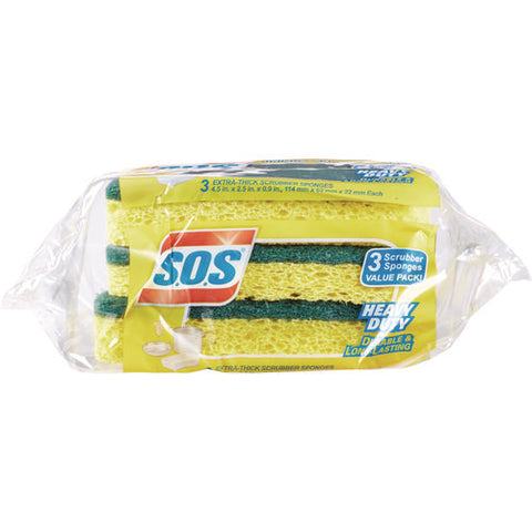 Heavy Duty Scrubber Sponge, 2.5 X 4.5, 0.9" Thick, Yellow/green, 3/pack, 8 Packs/carton