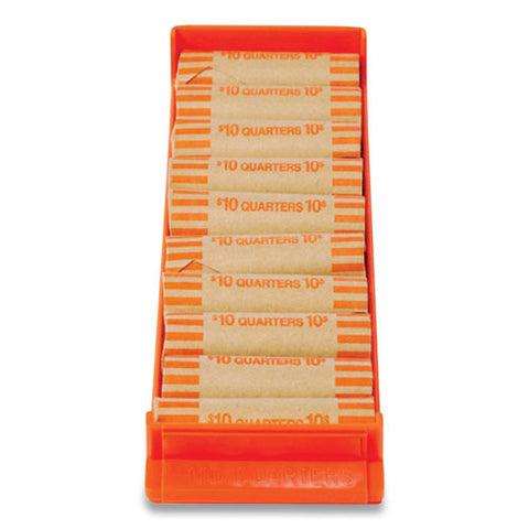 Stackable Plastic Coin Tray, Quarters, 10 Compartments, Denomination And Capacity Etched On Side, Stackable, Orange