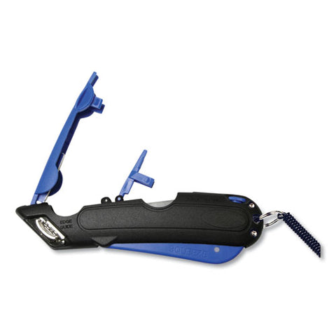 Easycut Self-retracting Cutter With Safety-tip Blade, Holster And Lanyard, 6" Plastic Handle, Black/blue