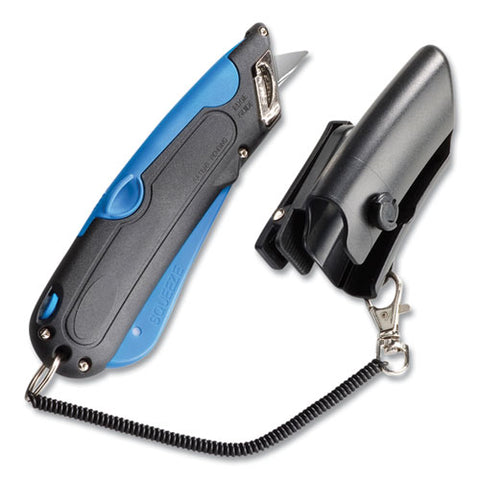 Easycut Self-retracting Cutter With Safety-tip Blade, Holster And Lanyard, 6" Plastic Handle, Black/blue