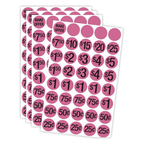 Pre-printed Pricing Stickers, 0.75" Diameter, Assorted, Pink, 1,000/pack