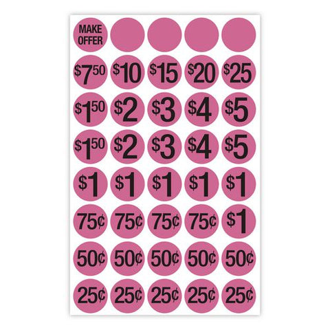 Pre-printed Pricing Stickers, 0.75" Diameter, Assorted, Pink, 1,000/pack