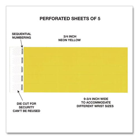 Crowd Control Security Wristbands, Sequentially Numbered, 10" X 0.75", Fluorescent Yellow, 100/pack