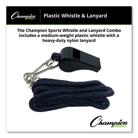 Sports Whistle With Black Nylon Lanyard, Plastic, Black, Dozen