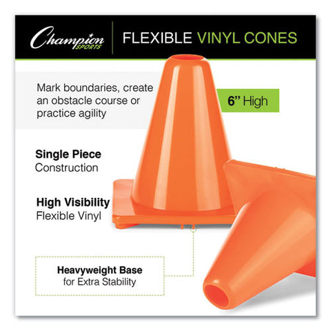 Hi-visibility Vinyl Cones, 6" Tall, Fluorescent Orange, 9.5" X 9.5" Base