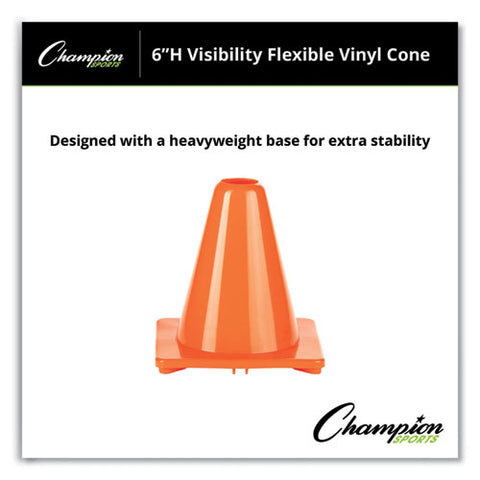 Hi-visibility Vinyl Cones, 6" Tall, Fluorescent Orange, 9.5" X 9.5" Base