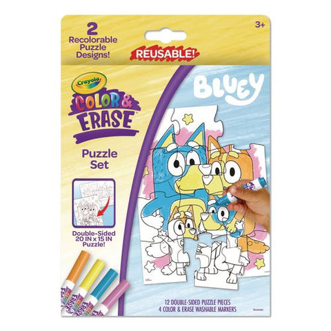 Bluey Color And Erase Reusable Puzzle Set, (12) Double Sided Bluey Puzzle Pieces And (4) Washable Markers