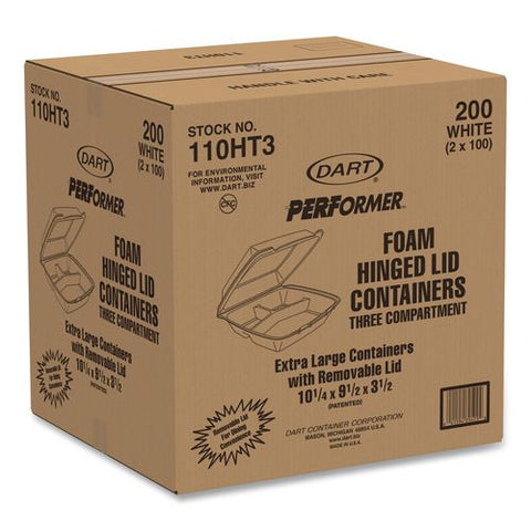Foam Hinged Lid Containers, 3 Compartments, 9.5 X 10.26 X 3.4, White, 200/carton