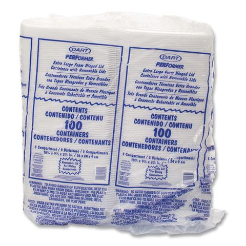 Foam Hinged Lid Containers, 3 Compartments, 9.5 X 10.26 X 3.4, White, 200/carton