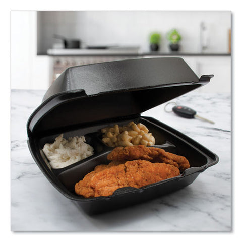 Insulated Foam Hinged Lid Containers, 3 Compartments, 7.96 X 3.2 X 8.36, Black, Foam, 200/carton