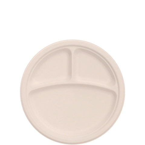 Compostable Fiber Dinnerware, Proplanet Seal, Plate, 3-compartment Plate, 9" Dia, Natural, 500/carton