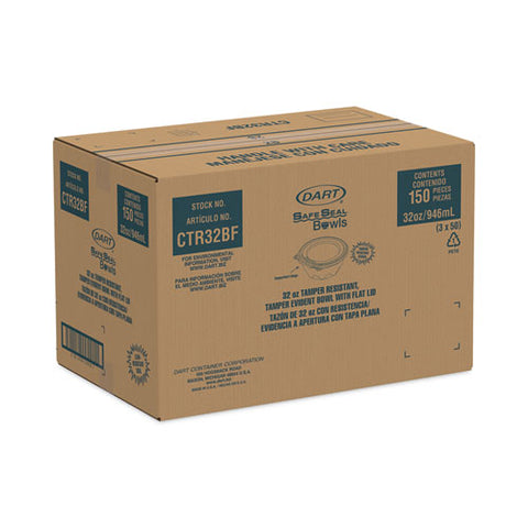 Tamper-resistant, Tamper-evident Bowls With Flat Lid, 32 Oz, 7" Diameter X 3.2"h, Clear, Plastic, 150/carton