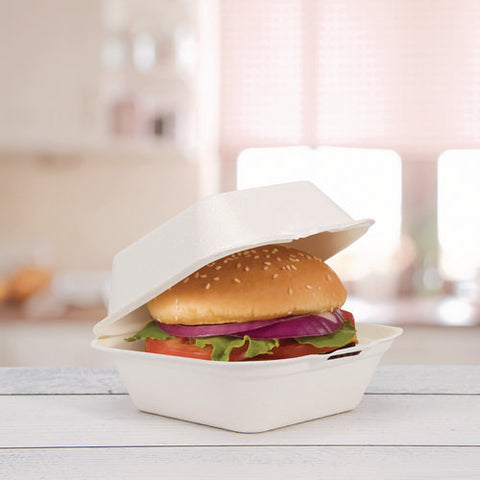 Compostable Fiber Hinged Trays, Proplanet Seal, 5.9 X 6.08 X 1.83, Ivory, Molded Fiber, 500/carton