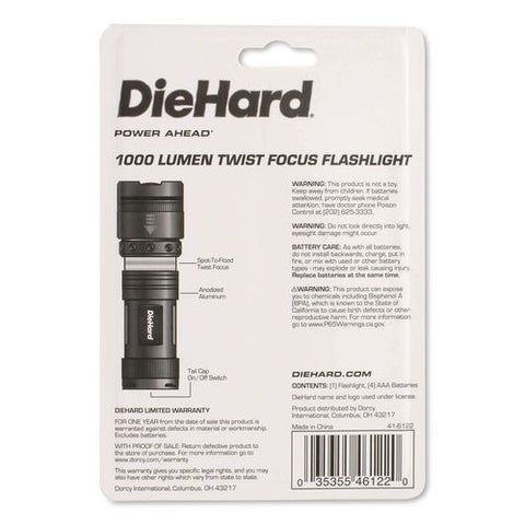 Diehard Twist Focus Aluminum 1,500 Lumen Flashlight, 4 Aaa Batteries (included), Gray