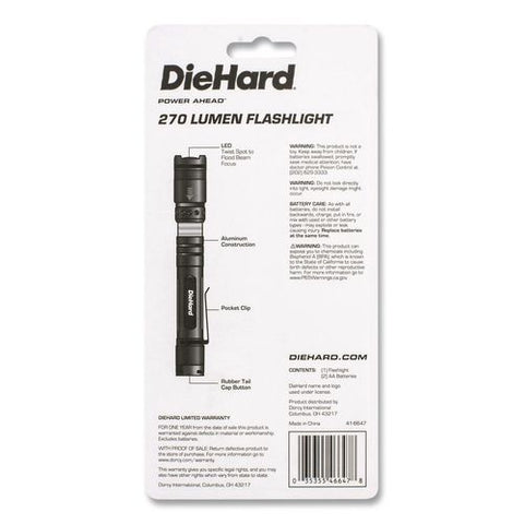 Diehard Aluminum 270 Lumen Twist Focus Flashlight With Pocket Clip, 2 Aa Batteries (included), Black