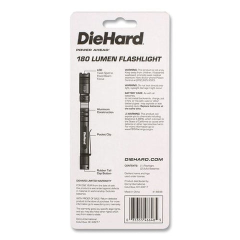 Diehard Aluminum 180 Lumen Twist Focus Flashlight With Pocket Clip, 2 Aa Batteries (included), Black