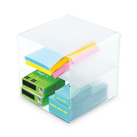 Stackable Cube Organizer, Divided, 2 Compartments, Plastic, 6 X 6 X 6, Clear