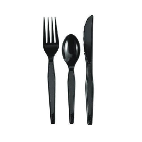 Individually Wrapped Heavyweight Cutlery Set, Fork/knife/spoon, Plastic, Black, 250/carton