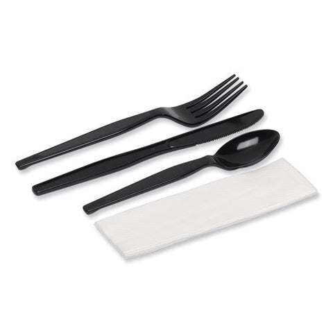 Individually Wrapped Heavyweight Cutlery Set, Fork/knife/napkin/spoon, Plastic, Black, 250/carton