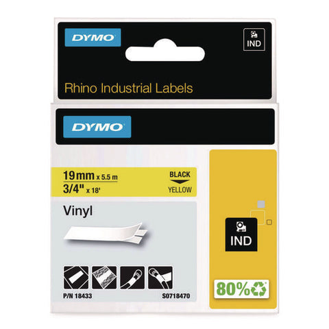 Rhino Permanent Vinyl Industrial Label Tape, 0.75" X 18 Ft, Yellow/black Print