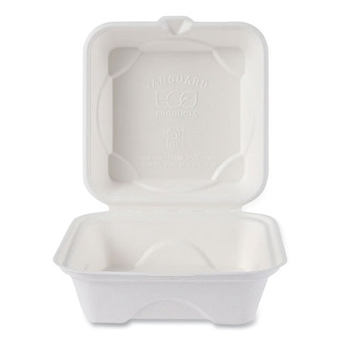 Vanguard Renewable And Compostable Sugarcane Clamshells, 6 X 6 X 3, White, 500/carton