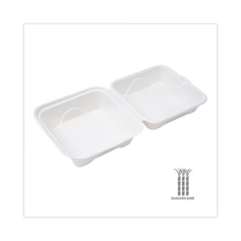 Molded Fiber Hinged Clamshell Containers, 6 X 6 X 3, White, Sugarcane, 50/pack, 10 Packs/carton