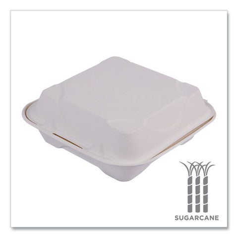 Vanguard Renewable And Compostable Sugarcane Clamshells, 1-compartment, 8 X 8 X 3, White, 200/carton