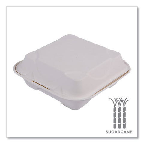 Molded Fiber Hinged Clamshell Containers, 8 X 8 X 3, White, Sugarcane, 200/carton