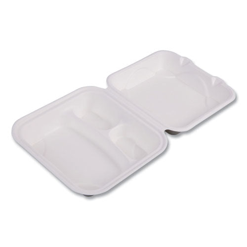 Vanguard Renewable And Compostable Sugarcane Clamshells, 3 Compartments, 8 X 8 X 3, White, 200/carton