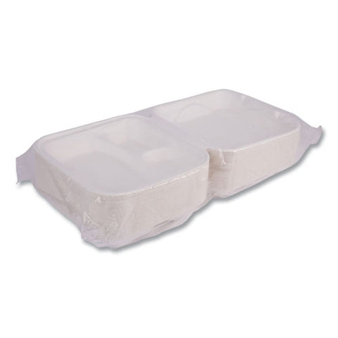 Vanguard Renewable And Compostable Sugarcane Clamshells, 3-compartment, 9 X 9 X 3, White, 200/carton