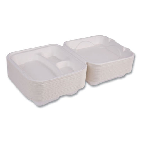 Vanguard Renewable And Compostable Sugarcane Clamshells, 3-compartment, 9 X 9 X 3, White, 200/carton